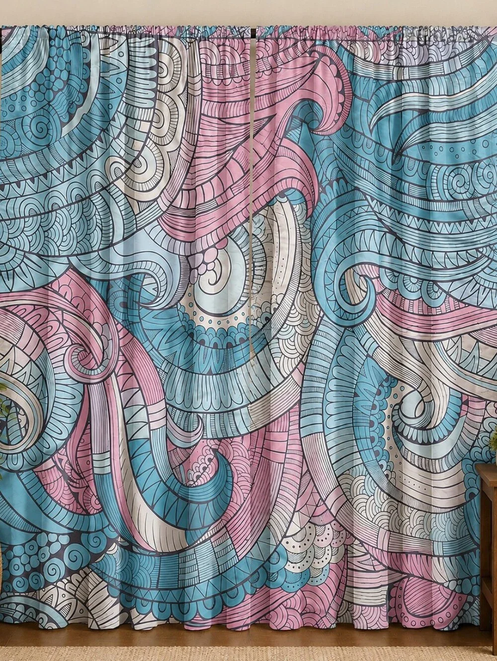 Whimsical Swirl Pattern Curtain in Blue, Pink & Cream